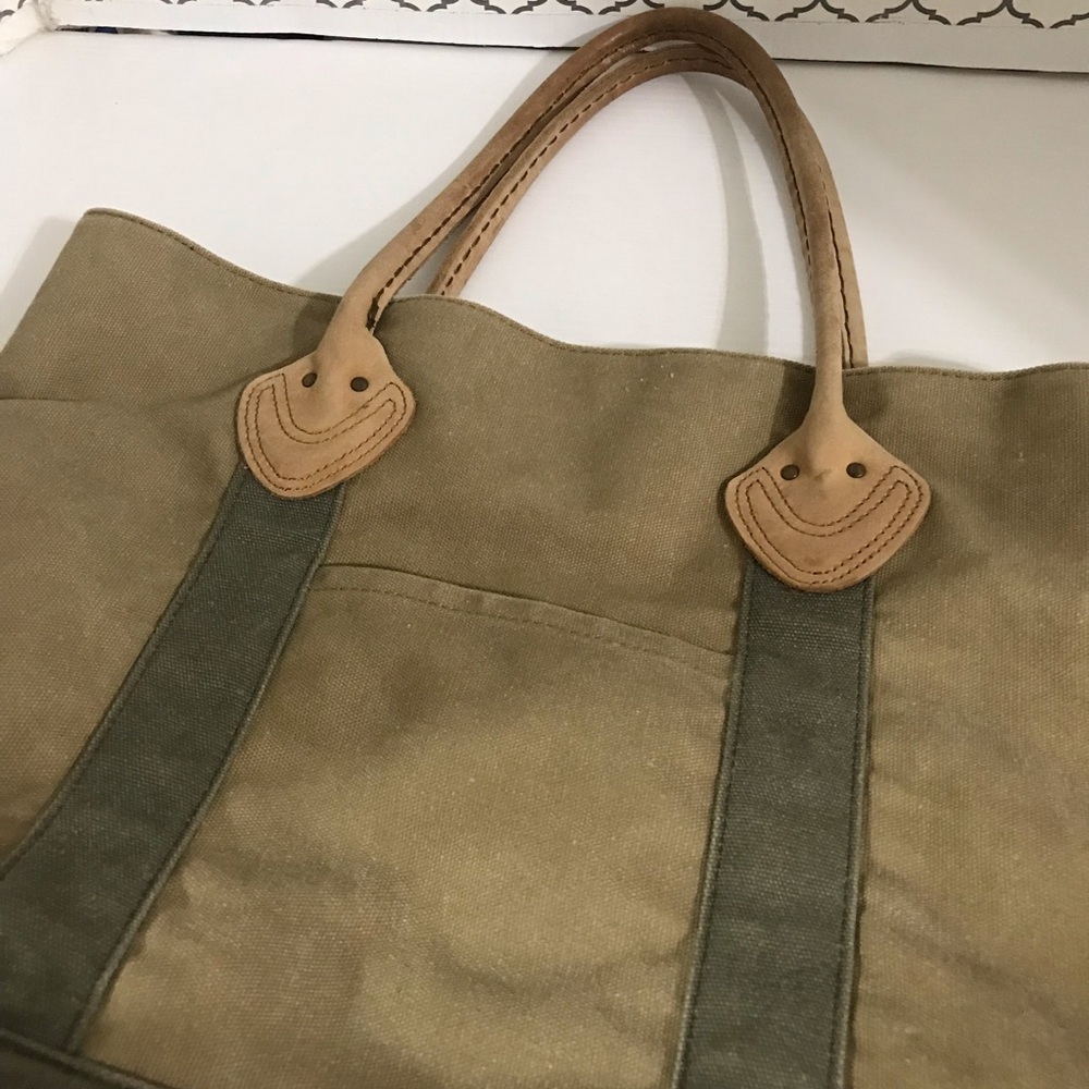 LL Bean Leather Handles Tote Bag Canvas Plaid Lined Brown Green Boat Vintage - Picture 4 of 13